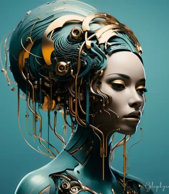 a portrtait of si-fi female pilot, adorned with teal high-tech helmets with golden intricated details, in the style of futuristic glamour, technological design