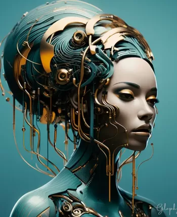 a portrtait of si-fi female pilot, adorned with teal high-tech helmets with golden intricated details, in the style of futuristic glamour, technological design