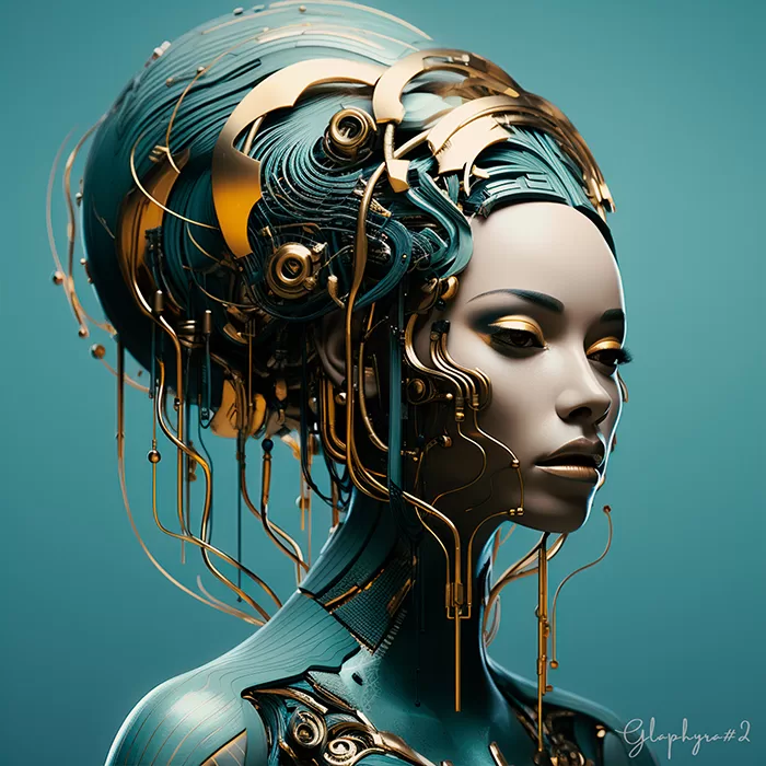 a portrtait of si-fi female pilot, adorned with teal high-tech helmets with golden intricated details, in the style of futuristic glamour, technological design