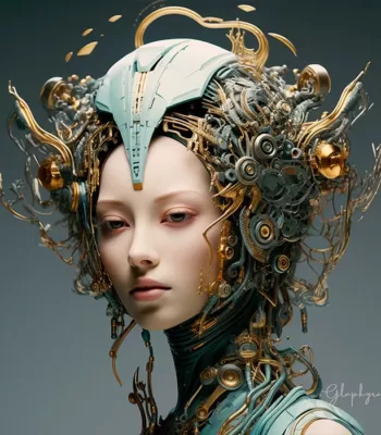 a portrtait of si-fi female pilot, adorned with teal high-tech helmets with golden intricated details, in the style of futuristic glamour, technological design