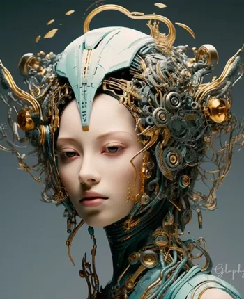 a portrtait of si-fi female pilot, adorned with teal high-tech helmets with golden intricated details, in the style of futuristic glamour, technological design