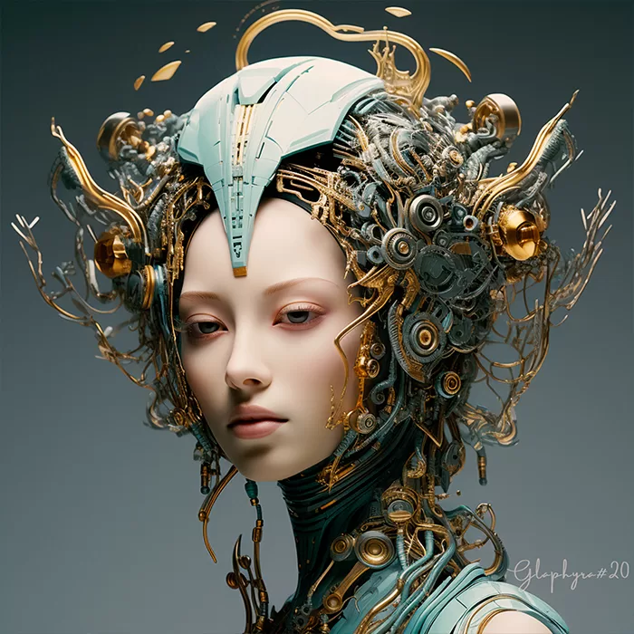 a portrtait of si-fi female pilot, adorned with teal high-tech helmets with golden intricated details, in the style of futuristic glamour, technological design